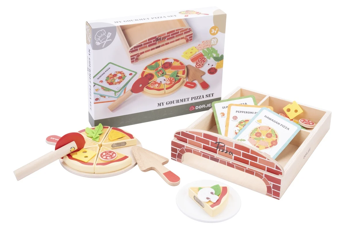 Joc de rol Set pizza gourmet din lemn, include cuptor, ingrediente, taietor, felii de pizza si retete